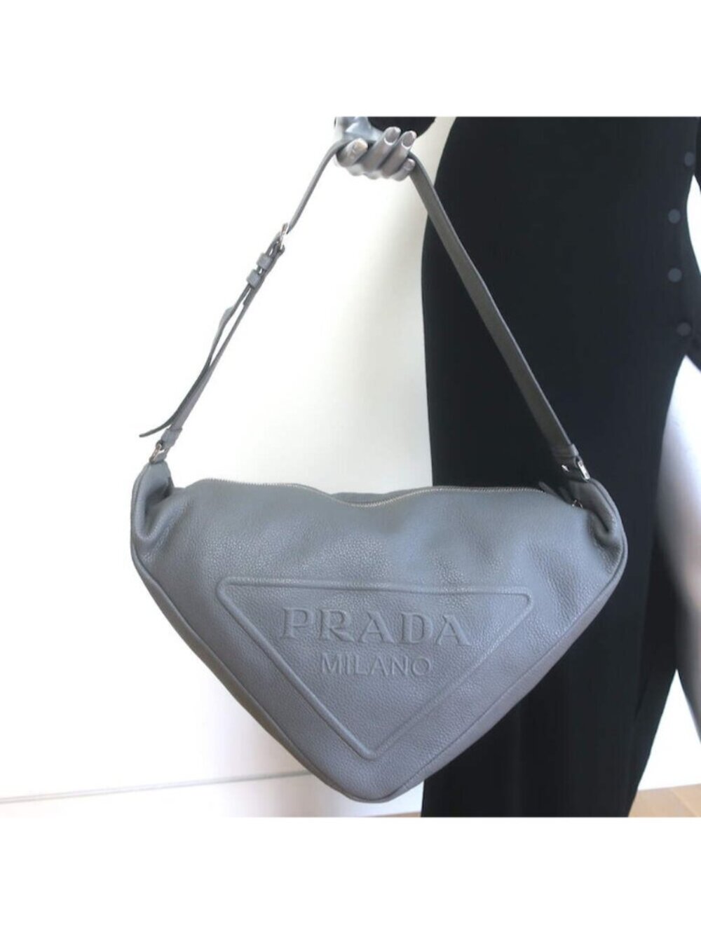 Prada Large Triangle Bag Gray Grained Leather NEW